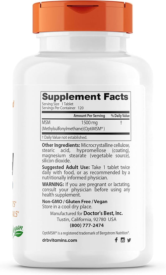 Doctor's Best MSM with OptiMSM, Non-GMO, 1500 mg, 120 Tablets (DRB-00097)