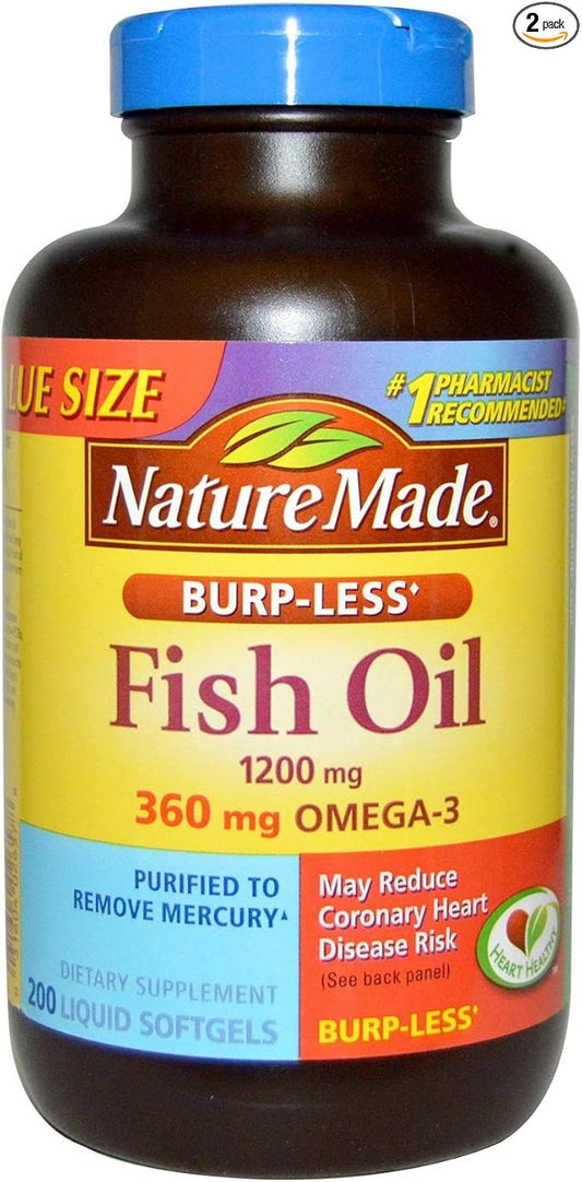 Nature Made Burp-Less Fish Oil 1200mg, 360mg Omega-3, Omega-3, Liquid 200 ea 2)