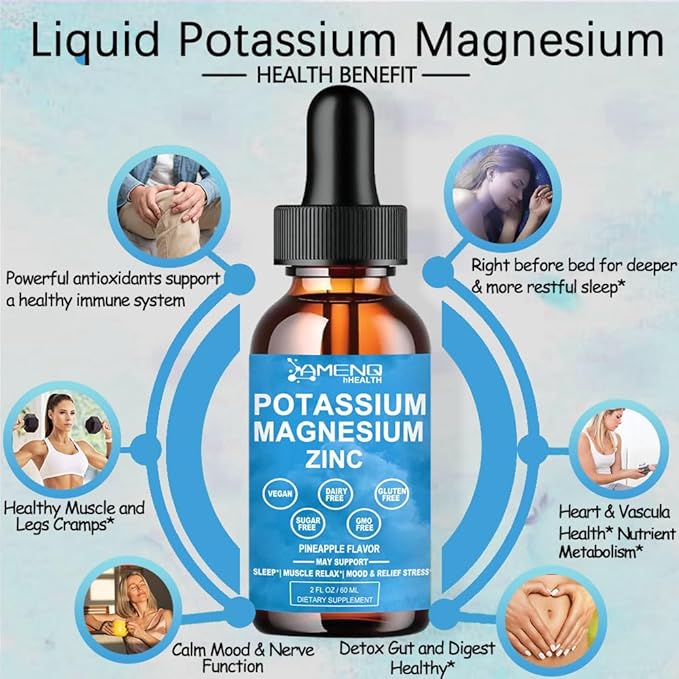 Potassium Magnesium Supplement Liquid w/ 500mg Triple Complex Magnesium & Potassium 99mg Plus Bromelain, Ashwagandha,D3 B6 & Zinc for Leg Cramps& Muscle Health, Cortisol Balanced & Zzz, Non-GMO