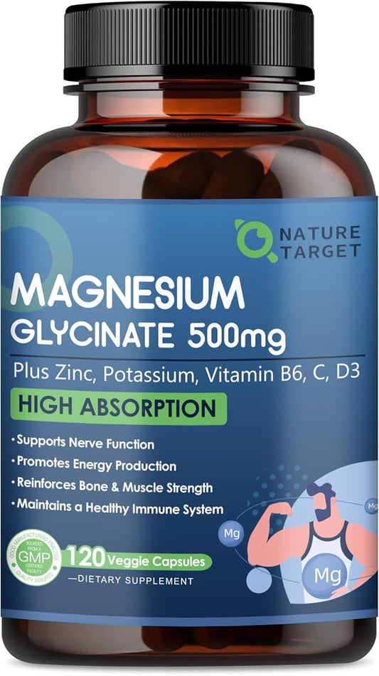 Magnesium Glycinate 500mg, Chelated Magnesium D3 for 120 Capsules