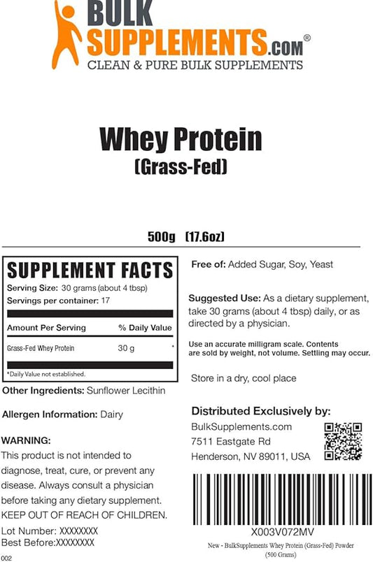BulkSupplements.com Grass Fed Whey Protein Powder - Unflavored Whey Protein Powder, Grass Feed Whey Protein Concentrate - Gluten Free, 30g per Serving, 500g (1.1 lbs) (Pack of 1)