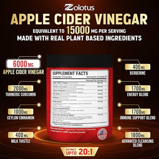 Zolotus 32in1 Apple Cider Vinegar Capsules, 15000mg with 180 Capsules