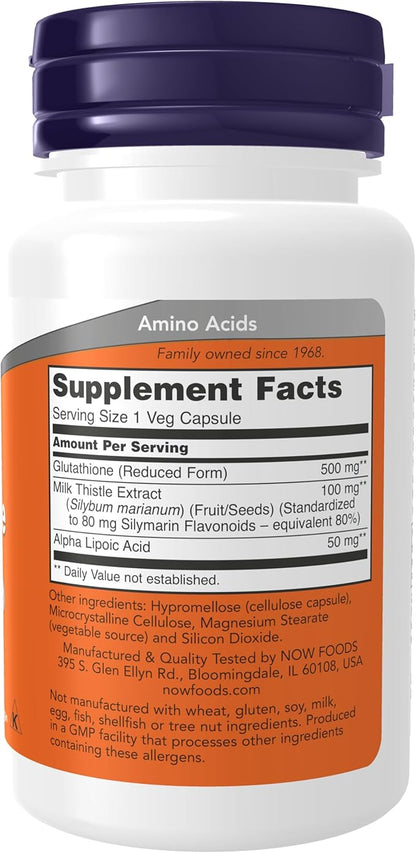 NOW Foods Supplements, Glutathione 500 mg, With Milk Thistle Extract & Alpha Lipoic Acid, Free Radical Neutralizer*, 30 Veg Capsules