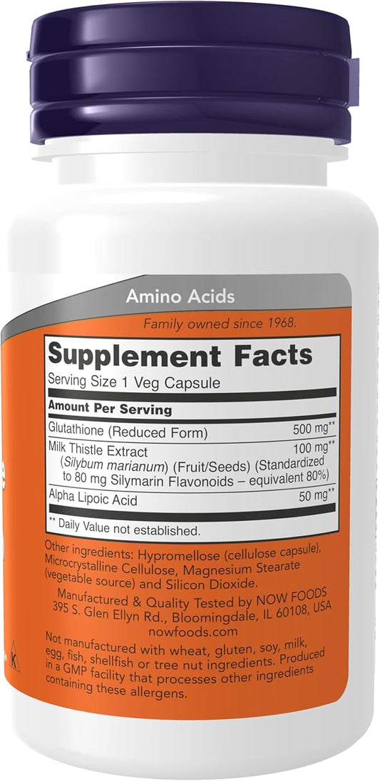 NOW Foods Supplements, Glutathione 500 mg, With Milk Thistle Extract & Alpha Lipoic Acid, Free Radical Neutralizer*, 30 Veg Capsules