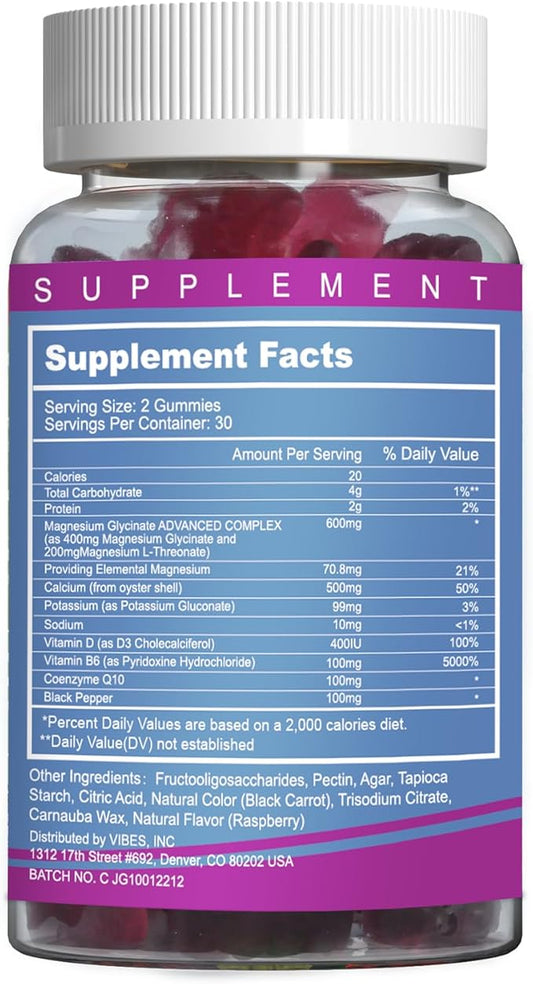 Magnesium Glycinate Gummies 400mg with L-Threonate 200mg - Sugar-Free Magnesium Potassium Supplement with Vitamin D, B6, CoQ10 for Muscle - 60 Mixed Berry Flavored Gummies