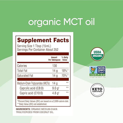 Nutiva Organic MCT Oil, 1 gallon, Unflavored for Coffee, Non-GMO made from Organic Coconuts, Keto Friendly, Best Oil Wellness Ketosis Supplement, 14g of C8 & C10 per serving