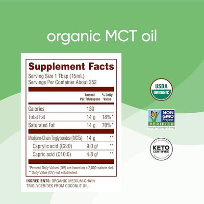 Nutiva Organic MCT Oil, 1 gallon, Unflavored for Coffee, Non-GMO made from Organic Coconuts, Keto Friendly, Best Oil Wellness Ketosis Supplement, 14g of C8 & C10 per serving