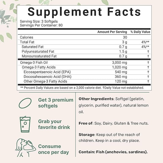 Omega 3 Fish Oil Supplements 3,000mg 240 Softgels 540mg + 360mg |