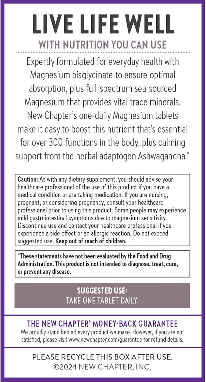 New Chapter Magnesium + Ashwagandha Supplement, 325 mg 2.5x Absorption, 60 ct (2 Month