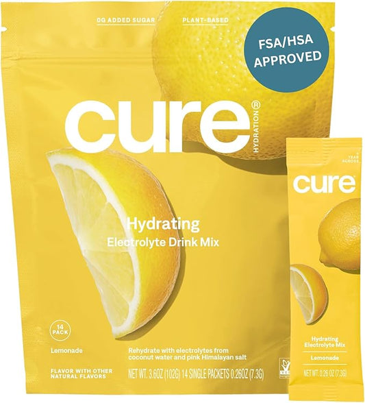 Cure Hydrating Plant Based Electrolyte Mix | Powder for Dehydration Relief | Made with Coconut Water | Non-GMO | No Added Sugar | FSA & HSA | Vegan | Paleo | Pouch of 14 Packets - Lemonade