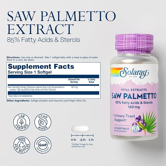 SOLARAY Saw Palmetto Extract 136 mg 60-Day Money-Back (60 Servings, 60 Softgels)