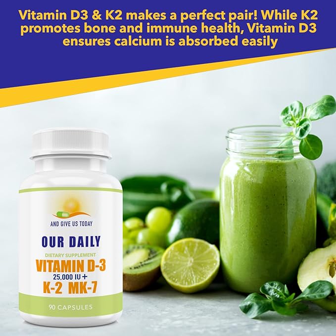 Our Daily Vites Vitamin D-3 25,000 IU + K2 - High Potency D3 with Vitamin K Bone, Immune, Mood + Cardiovascular Support Supplement