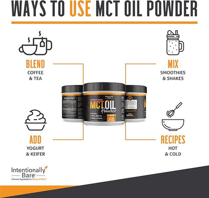 Intentionally Bare Organic MCT Oil Powder - Zero Net Carbs & No Grit MCT Powder for Body & Brain - Vegan MCT Creamer for Coffee, Tea, Shakes, Smoothies & Baking with 70% C8 & 30% C10 - Unflavored