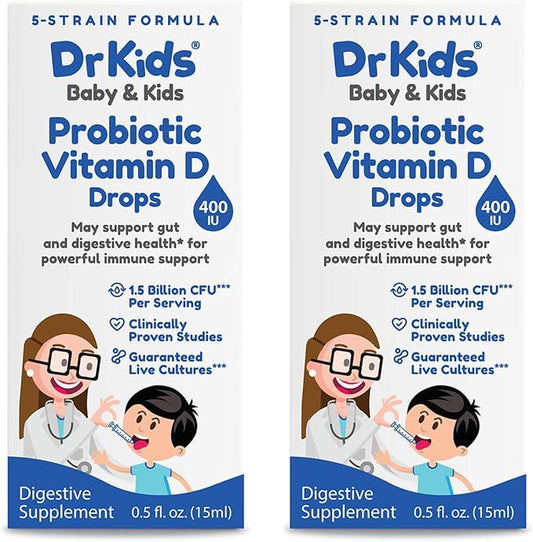 Dr. Kids Probiotic Vitamin D Drops - Supports Infant & Child Gut Health, Helps Reduce Gas, Colic & Fussiness, Baby Probiotic Drops with Vitamin D3, Pediatrician Recommended, Unflavored, 15ml (2 Pack)