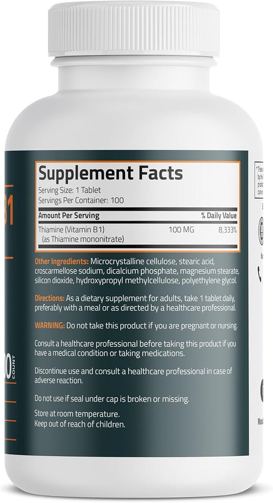 Bronson Vitamin B1 100 MG, Non-GMO, 100 Vegetarian Tablets