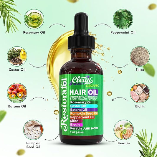 Rosemary Hair Oil For Growth with Castor Oil Batana Oil Pumpkin Seed Oil Peppermint Oil Silica Biotin Collagen Keratin Saw Palmetto Horsetail Tea Tree Vit E Aloe Vera Jojoba (1 Pack)