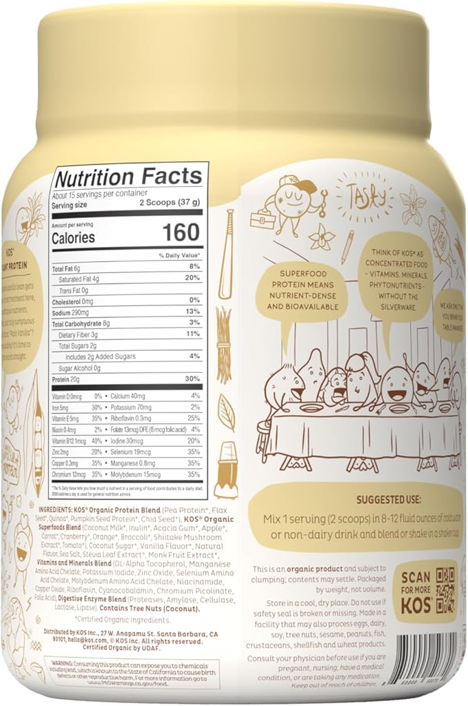 KOS Vegan Protein Powder Erythritol Free, Vanilla 15 Servings