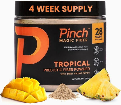 Pinch Magic Fiber | Prebiotic Fiber Supplement for Women & Men | Psyllium Husk Powder for Digestive & Gut Health Support | Keto, Vegan, Sugar Free Fiber Powder | USA-Made | Tropical, 28-Day Supply