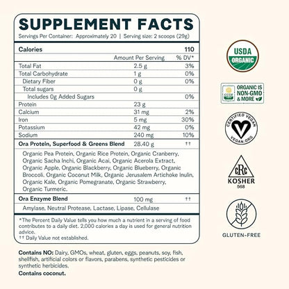 Ora Organic Vegan Protein Powder 23g Plant 20 Servings,