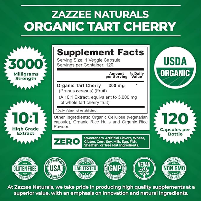 Zazzee USDA Organic Tart Cherry 10:1 3000 mg 120 Vegan 4 Month 10X Extract, 100% Vegetarian,