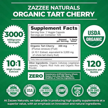 Zazzee USDA Organic Tart Cherry 10:1 3000 mg 120 Vegan 4 Month 10X Extract, 100% Vegetarian,