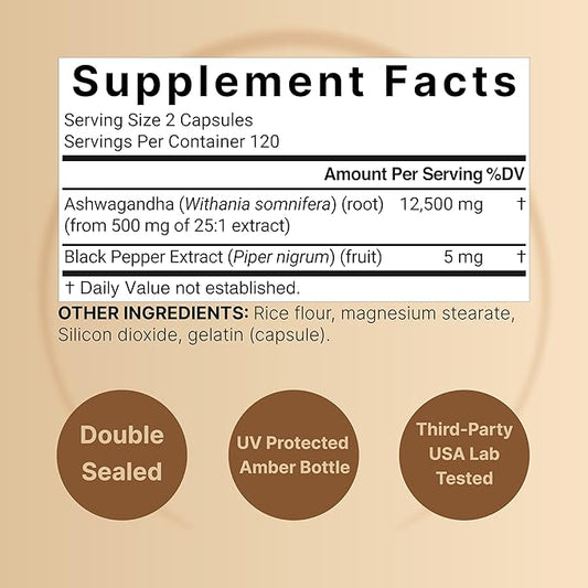 NatureBell Ashwagandha 12,500 mg Equivalent with Black Pepper, 240 Capsules | High Absorption Complex – Extra Strength 25:1 Root Extract – Adaptogens Supplements for Relaxation – Non-GMO