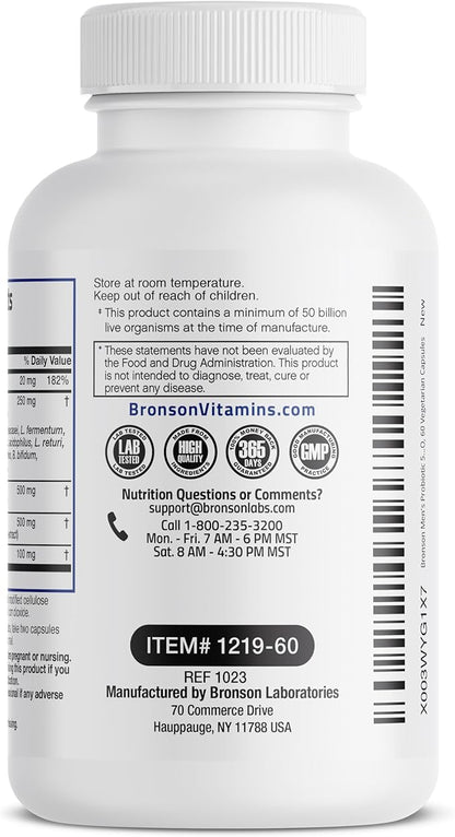 Bronson Men's Probiotic 50 Billion CFU Plus Prebiotic with Ashwagandha, Fenugreek & Zinc, Supports Healthy Digestion & Immune Function Non-GMO, 60 Vegetarian Capsules