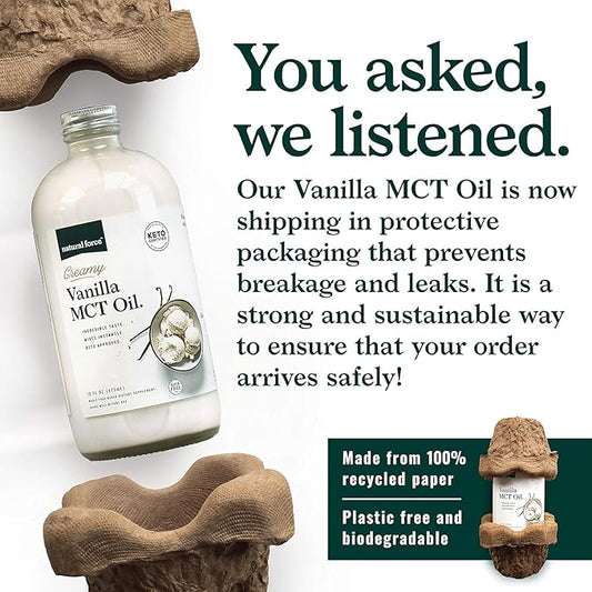Natural Force Creamy Vanilla MCT Oil – Non Dairy, Keto Certified, Emulsified MCTs for Low-Carb, Ketogenic Coffee, Smoothies, & Shakes - Mixes Instantly + No Blending Required – 16 Oz Glass Bottle