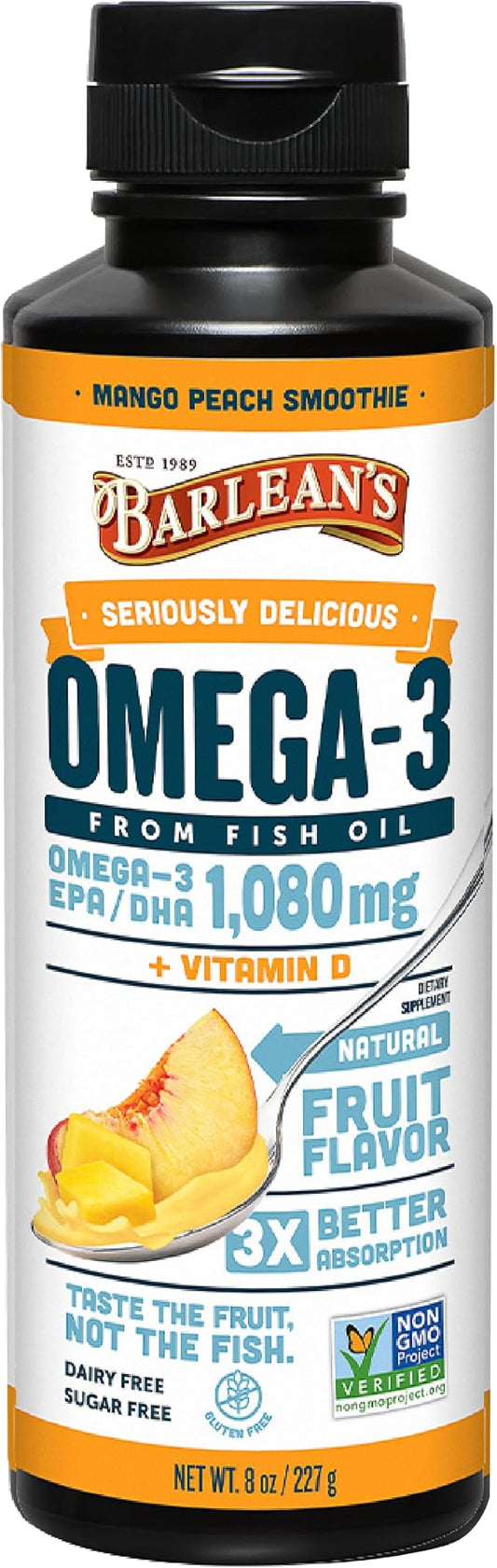 Barlean's Mango Peach Omega 3 Fish 1080mg EPA 8 oz