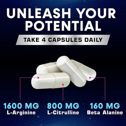 Extra Strength Nitric Oxide Supplement L Arginine 3X Strength - Citrulline Malate, AAKG, Beta Alanine - Premium Muscle Supporting Nitric Booster for Energy & Strength to Train Harder - 180 Capsules