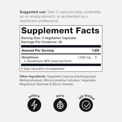 Toniiq Ultra High Strength Glutathione Capsules - 1000mg Concentrated Formula - 98%+ Highly Purified and Bioavailable - Non-GMO Fermentation - 60 Capsules Reduced Glutathione Supplement