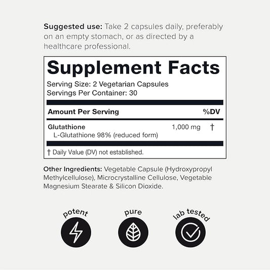 Toniiq Ultra High Strength Glutathione Capsules - 1000mg Concentrated Formula - 98%+ Highly Purified and Bioavailable - Non-GMO Fermentation - 60 Capsules Reduced Glutathione Supplement