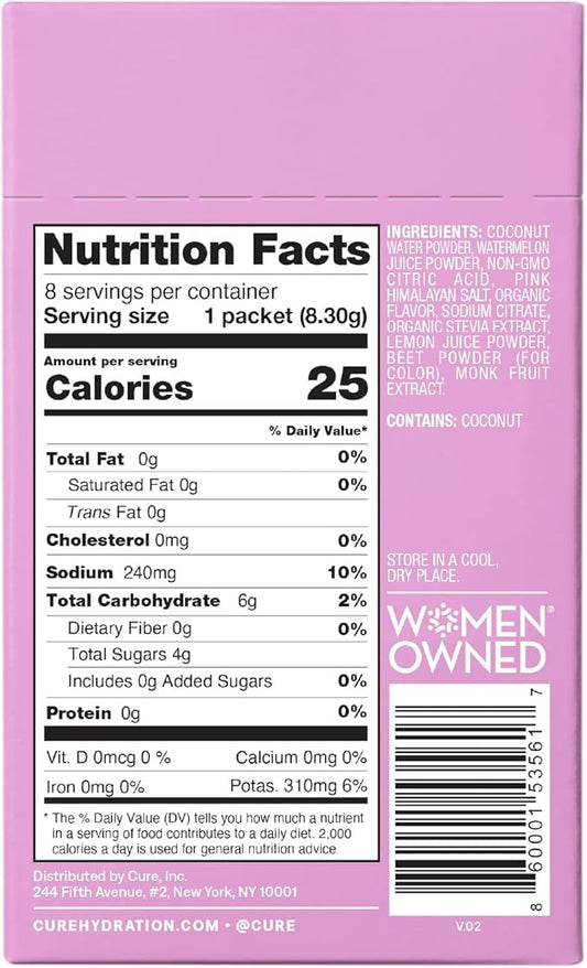 Cure Hydration | Plant-Based Electrolyte Drink Mix | No Added Sugar | FSA & HSA | Dehydration Relief Powder Made with Coconut Water | Non-GMO | Vegan | Box of 8 Packets - Watermelon