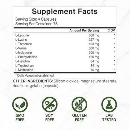 Essential Amino Acids (EAA) 2000mg Per Serving, 300 Capsules – Unflavored - 9 in 1, All BCAAs (Branched-Chain Aminos) – Lean Muscle Support & Natural Pre Workout Supplement