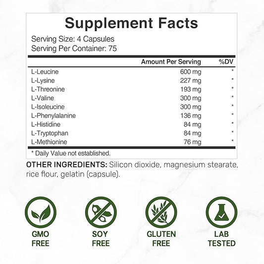 Essential Amino Acids (EAA) 2000mg Per Serving, 300 Capsules – Unflavored - 9 in 1, All BCAAs (Branched-Chain Aminos) – Lean Muscle Support & Natural Pre Workout Supplement