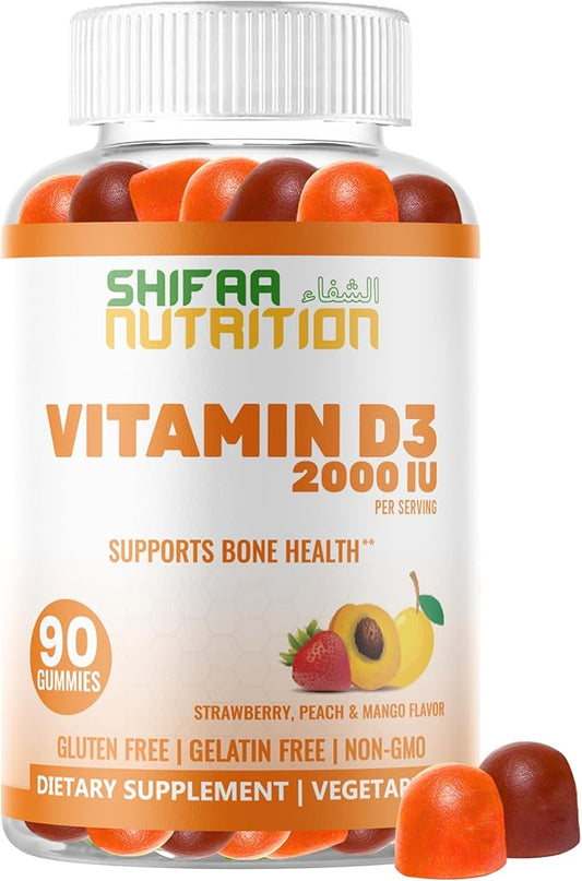 Vegetarian Vitamin D3 Gummies for Adults & Kids | 45-90 Servings, 2,000IU / 1,000IU | Non-GMO, Gluten-Free, Gelatin-Free | Supports Bones, Muscles & Immune System Halal Vitamins