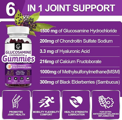 Glucosamine Chondroitin Gummies with MSM & Elderberry Extra Strength - Joint Support, Antioxidant Immune Support Supplement for Adults, Men & Women - 60 Chondroitin Gummies (3 Pack)