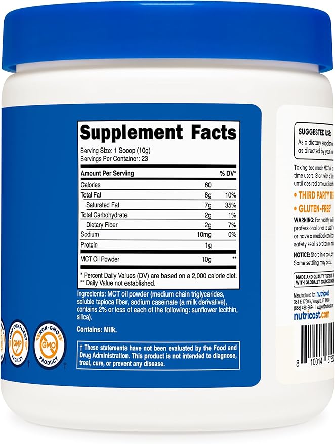 Nutricost Premium MCT Oil Powder .5LBS - Best For Keto, Ketosis, and Ketogenic Diets - Zero Net Carbs, Non-GMO and Gluten Free