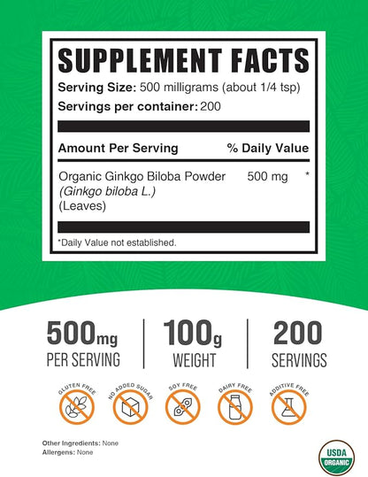 BulkSupplements.com Organic Ginkgo Biloba Powder 500mg per 100g (3.5 (3.5 oz) 1)