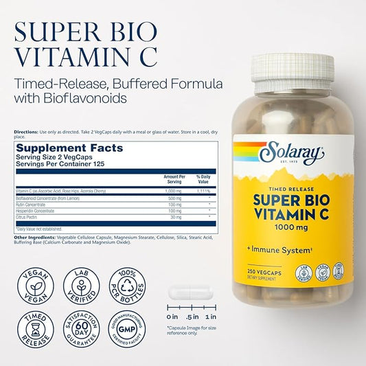 Solaray Super Bio Vitamin C 1000mg, 60 Day 125 Servings, 250 VegCaps