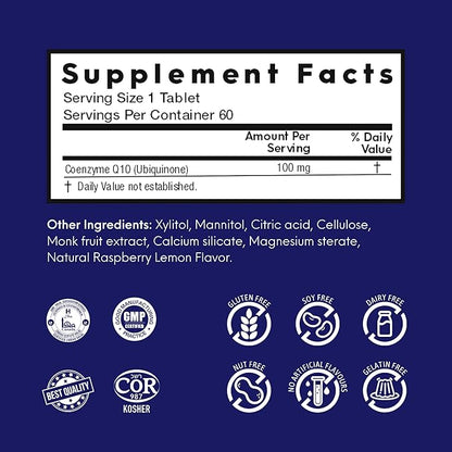 CoQ10 100 mg – Coenzyme Q10 Supports Heart Health, Enhances Energy Production Quick Dissolving Tablets for Enzyme Deficiency – Raspberry & Lemon Flavor (60 Tablets)