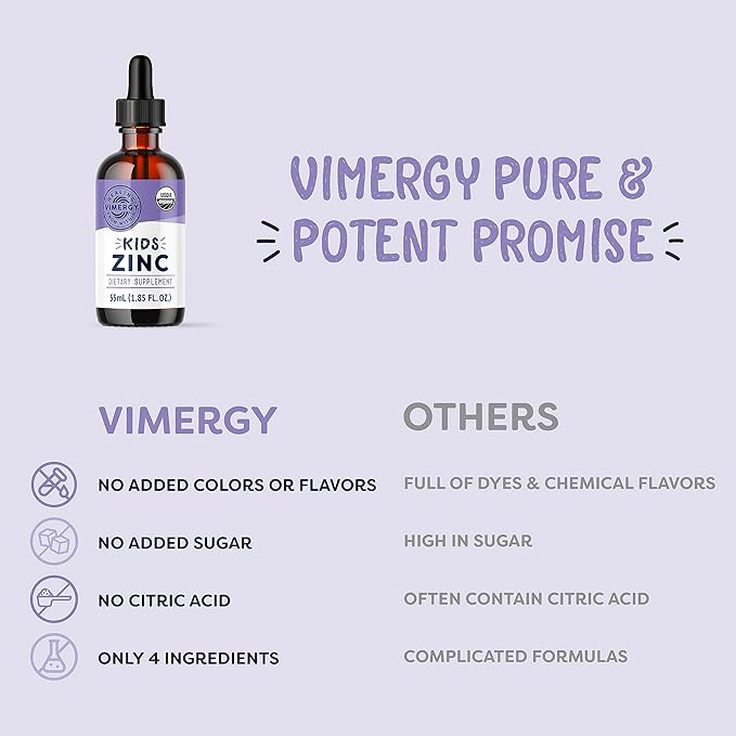 Vimergy Kids Organic Liquid Zinc – Fast-Absorbing Immune Support* – Promotes Healthy Bones & Skin – USDA Organic, Kosher, Vegan, Non-GMO – 55 mL