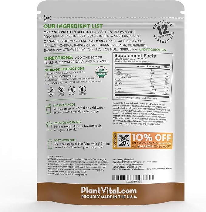Plantvital Vegan Protein Powder Plant Based 24g/0g Sugar, 18 Superfoods, 48oz