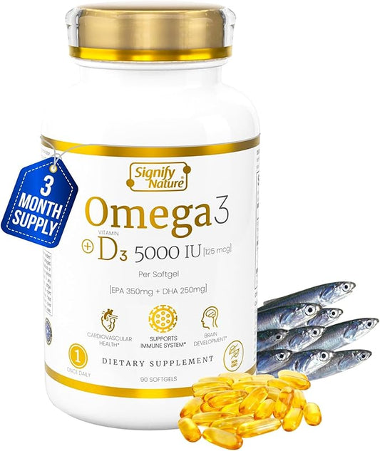 Omega 3 Fish Oil Supplement D3 5000 5000 IU 1000mg Triglyceride Omega-3 Fish 3 Blend D3 & 3-90CT