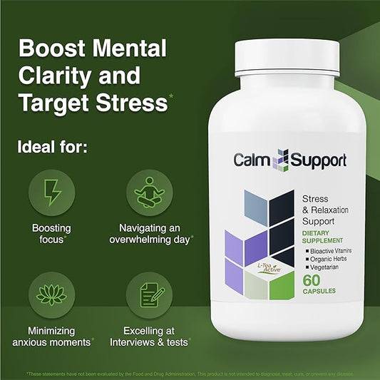 CalmSupport: Stress & Relaxation Support - Ashwagandha, Passion Flower, Valerian Root, Ginger, GABA, Velvet Bean, Motherwort, Oat Seed, Phyllanthus, L-Theanine, L-Tryptophan, Folate, C,B1,B6,B12,Zinc