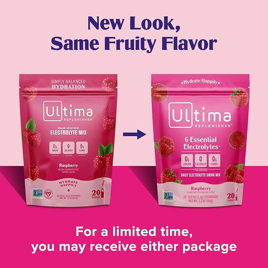 Ultima Replenisher Daily Electrolyte Powder Drink Mix – Raspberry, 20 Stickpacks – Hydration Packets with 6 Key Electrolytes and Trace Minerals – Keto Friendly, Vegan, Non-GMO and Sugar-Free