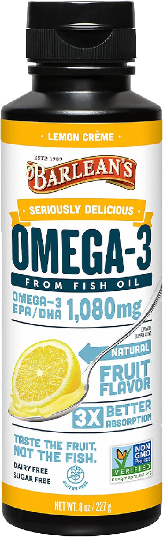 Barlean's Lemon Crème Omega 3 Fish 1080mg of 3 EPA 8 oz