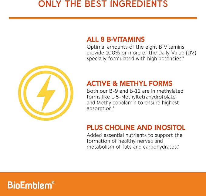 BioEmblem Vitamin B-Complex 8 Active B12, B6, B6, Biotin 90 Capsules
