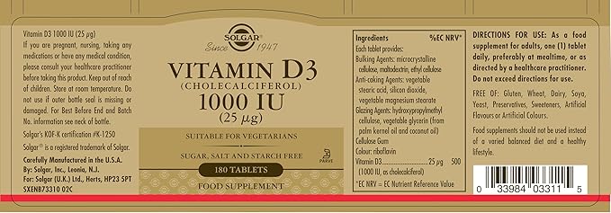 Solgar Vitamin D3 (Cholecalciferol) 25 mcg (1000 IU) 180 Count