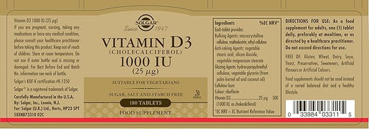 Solgar Vitamin D3 (Cholecalciferol) 25 mcg (1000 IU) 180 Count